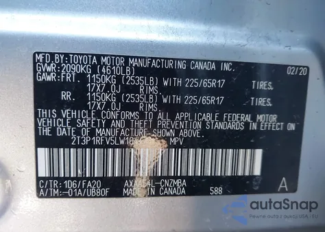 2020 Toyota Rav4 Xle из США, поврежденный, VIN 2T3P1RFV5LW104471